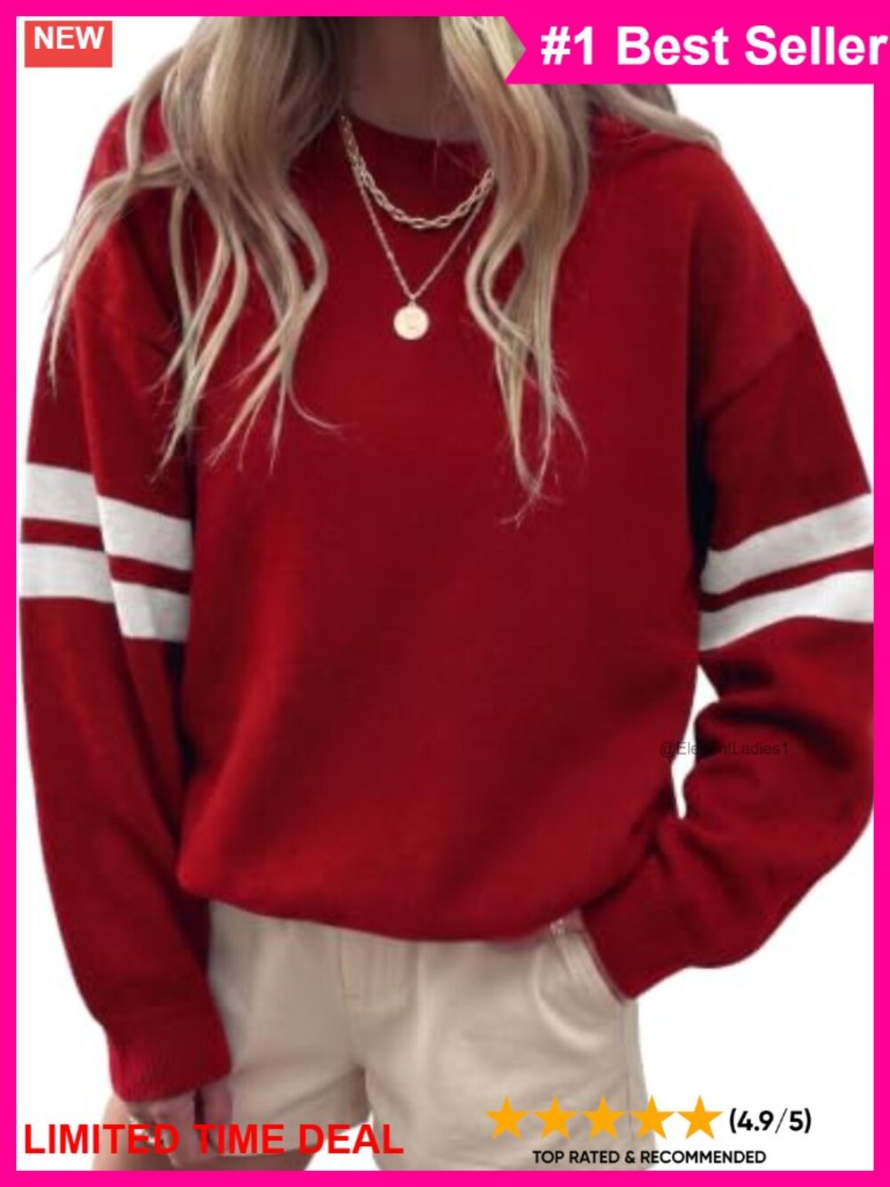 Womens Striped Varsity Oversized Crewneck Pullover Sweater Knit Long Sleeve